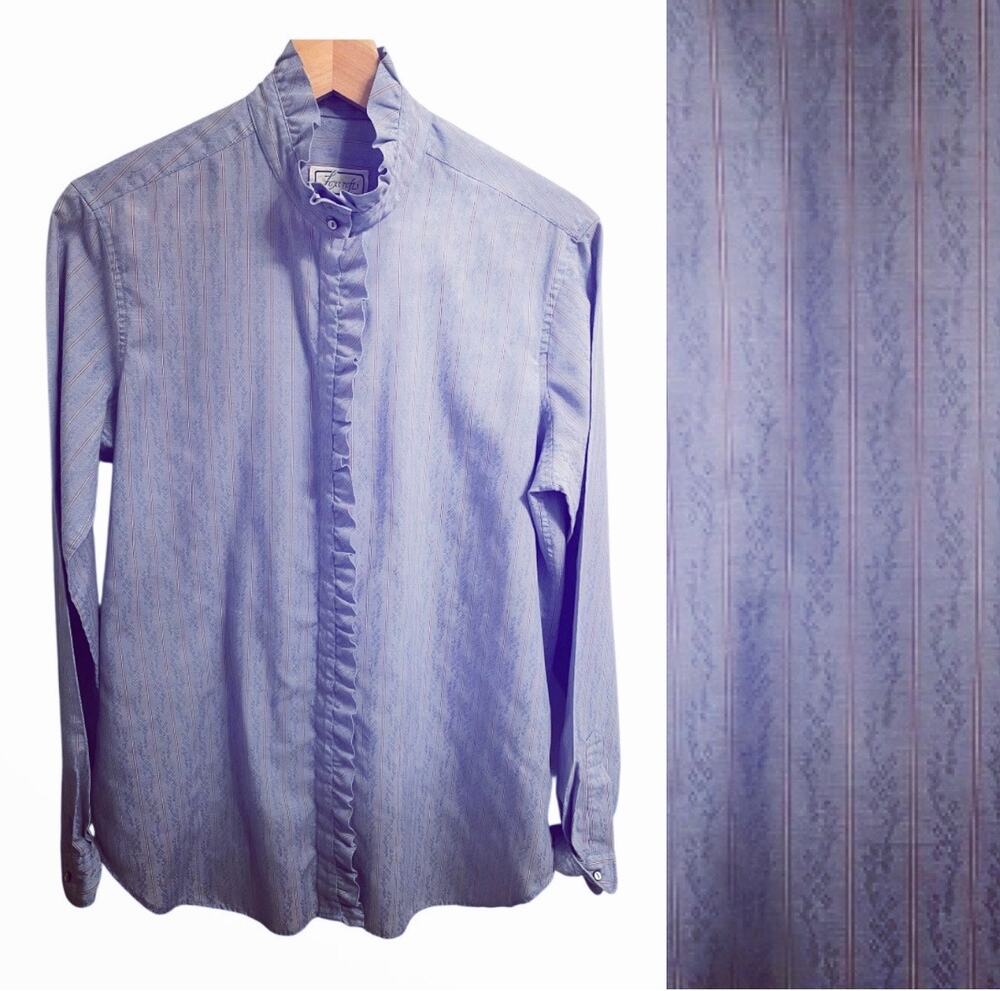 Foxcroft Vintage Button Front Shirt Pinstripe Blue Red Ruffle Size 14 High Neck